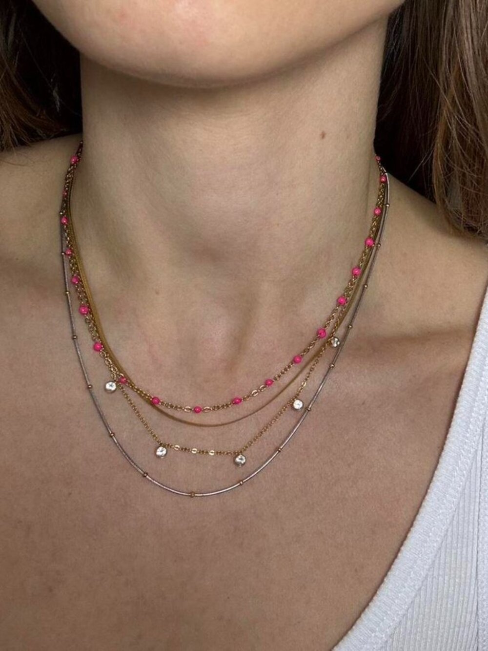 The Charley Dainty gold & pink beaded look necklace delicate jeweled chain